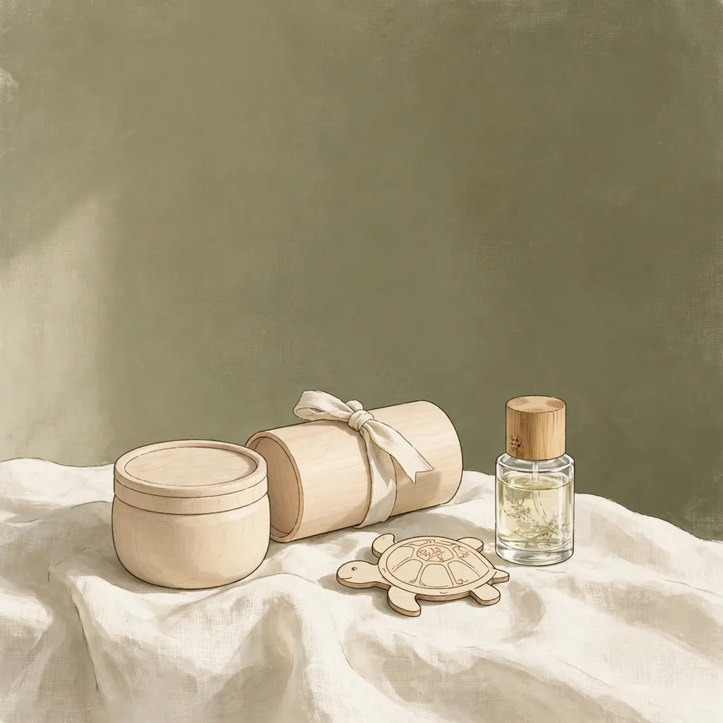A kokeshi-style box, a wooden tube box, a turtle ornament and a fragrance bottle on linen