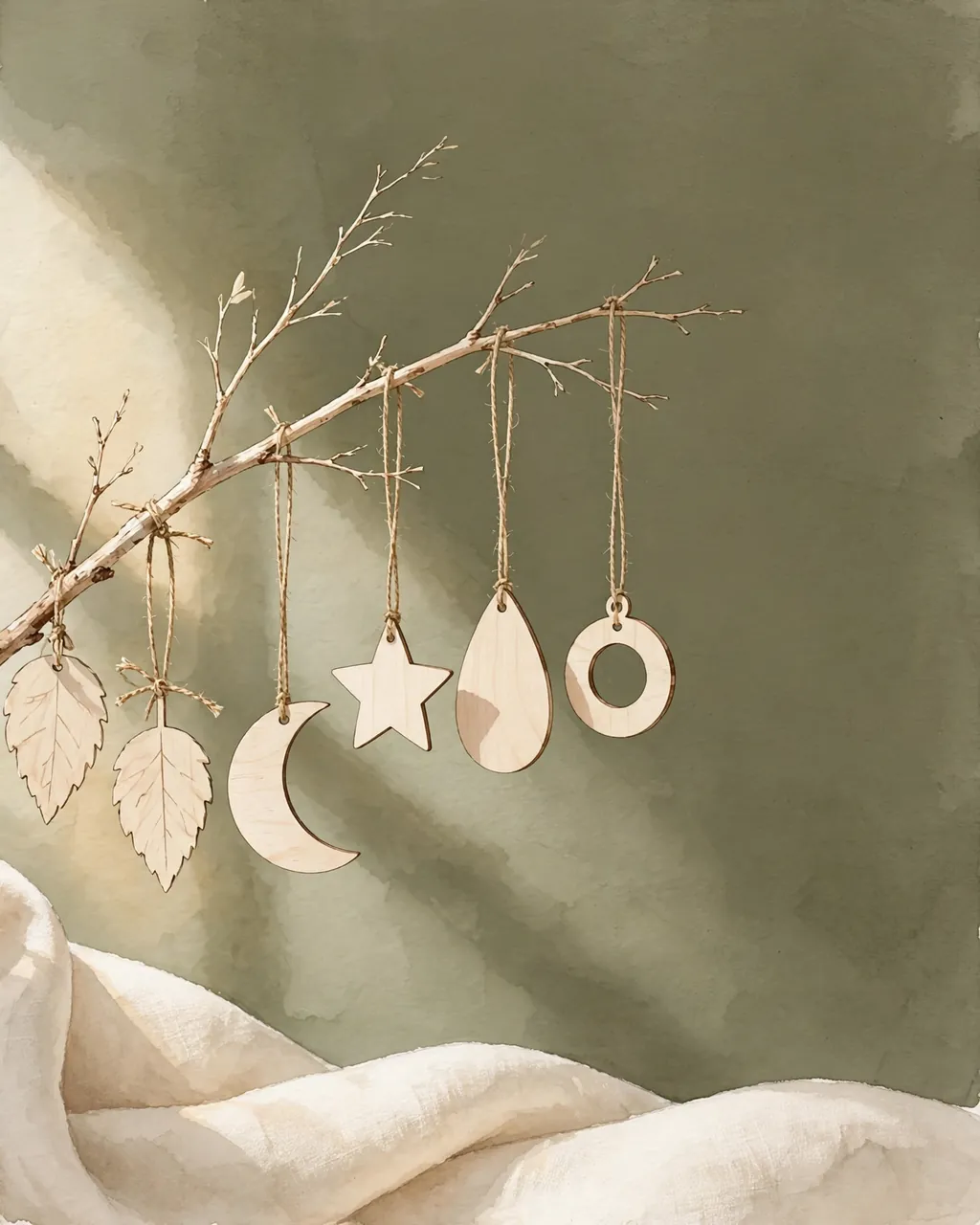 Flat birch ornaments hanging from cords on a dried branch