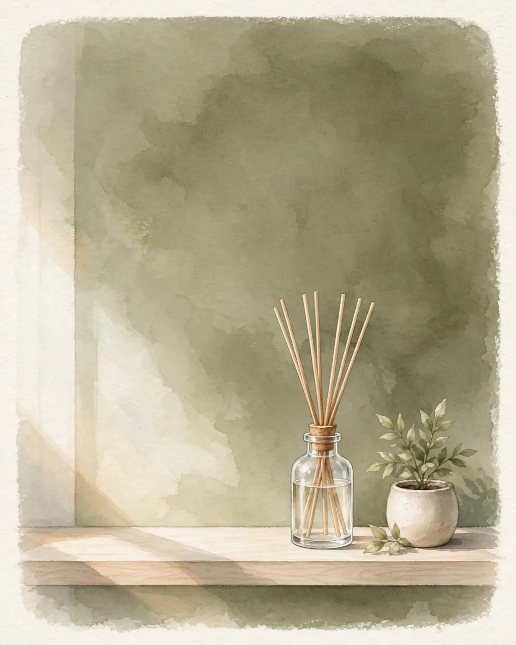 A glass reed diffuser with natural reeds on a wooden shelf