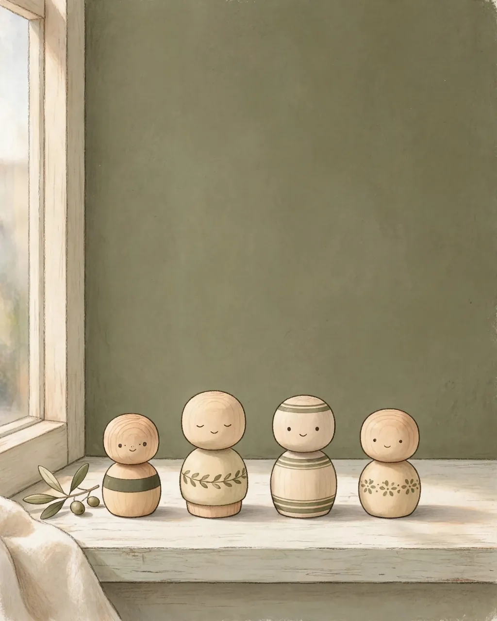 Small kokeshi-style wooden figures lined up on a windowsill