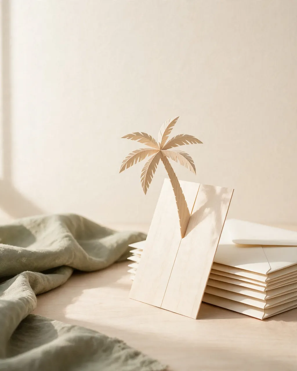 A wood postcard with a pop-out palm tree shape, leaning on plain envelopes