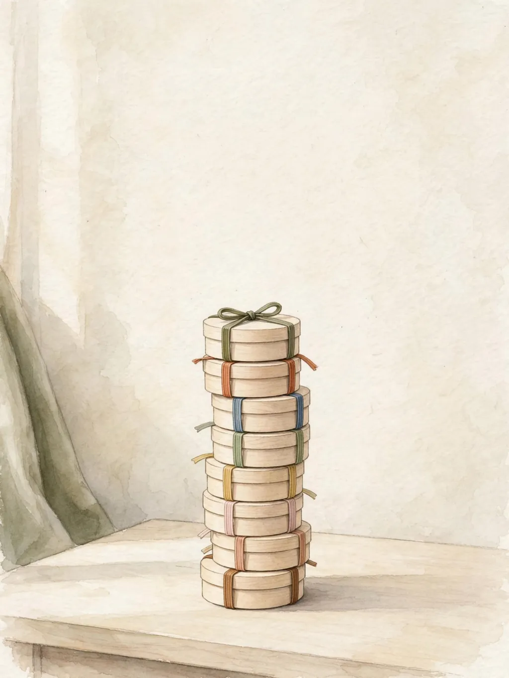A tall stack of small round wooden favor boxes tied with ribbon