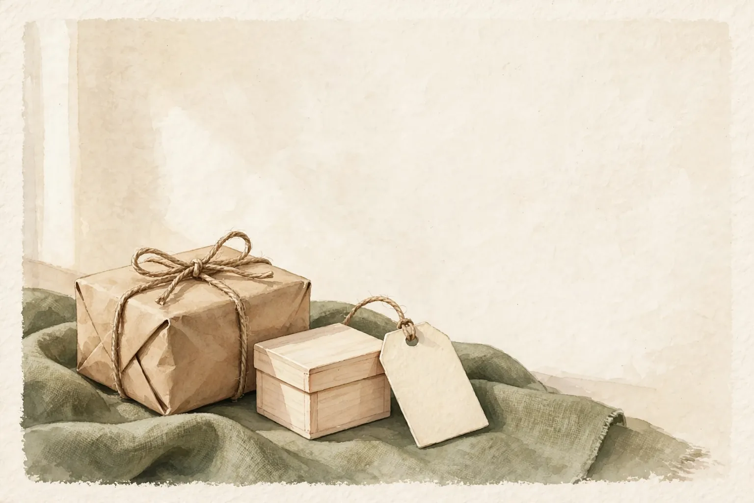 A kraft paper parcel tied with twine beside a small wooden gift box and a blank tag