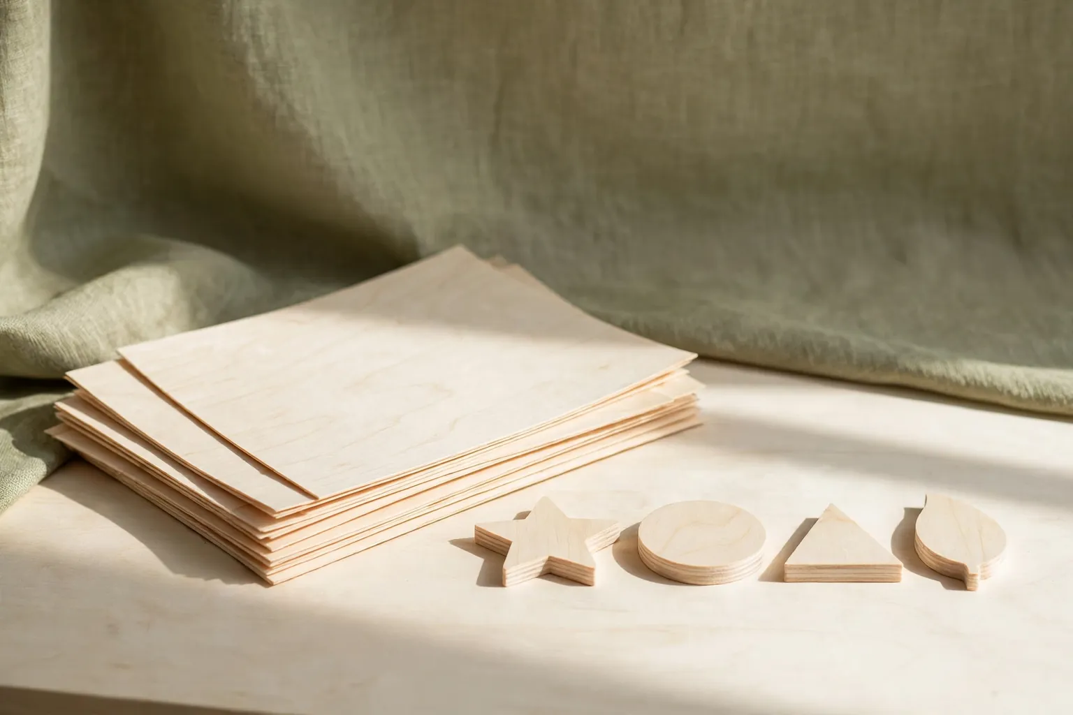 Pale birch veneer sheets and cut wooden shapes on a workbench