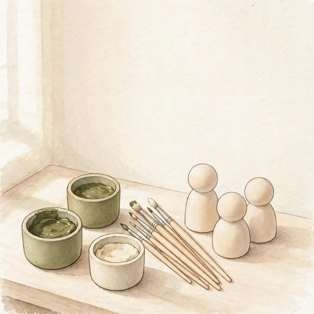 Small pots and brushes beside plain round wooden figure shapes