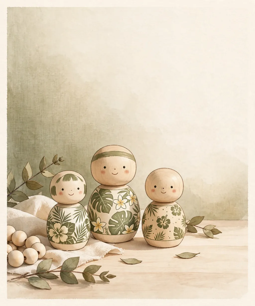 Kokeshi-style keepsake figures with simple faces and leafy prints