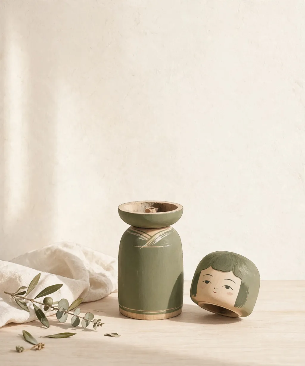 A kokeshi-style figure with its head lifted off to show the small hidden hollow