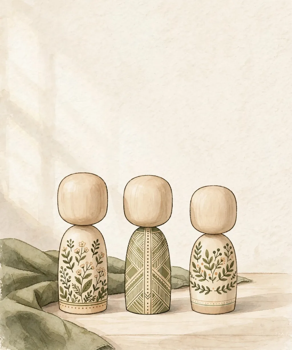 The backs of three kokeshi-style figures with leafy prints