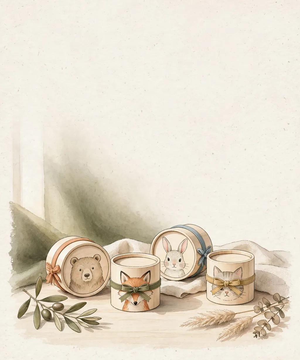 Small wooden tube gift boxes with animal-face prints and colored elastic bands