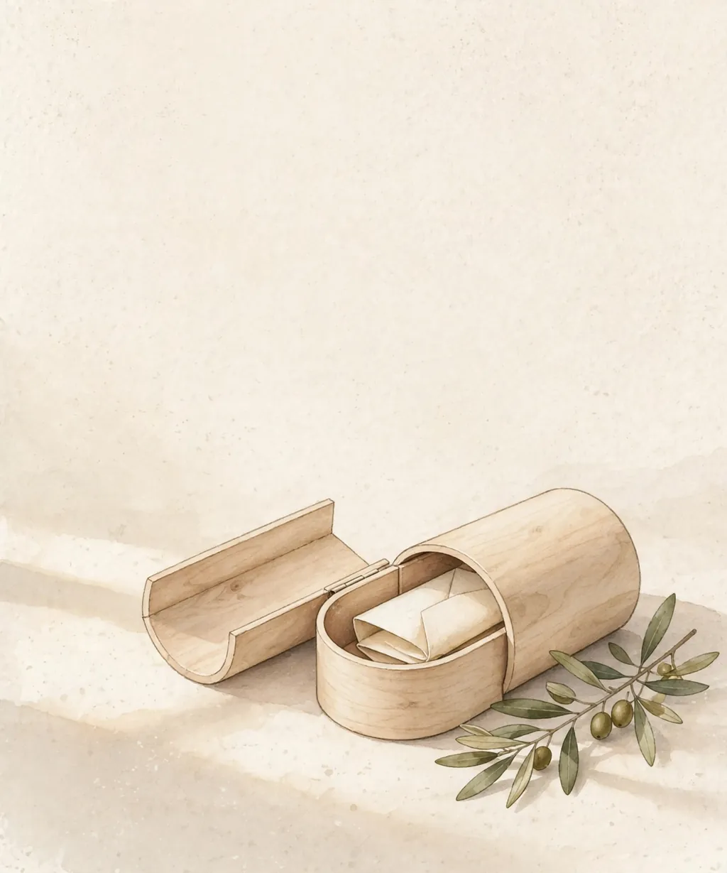 A wooden tube box open with a folded gift card inside