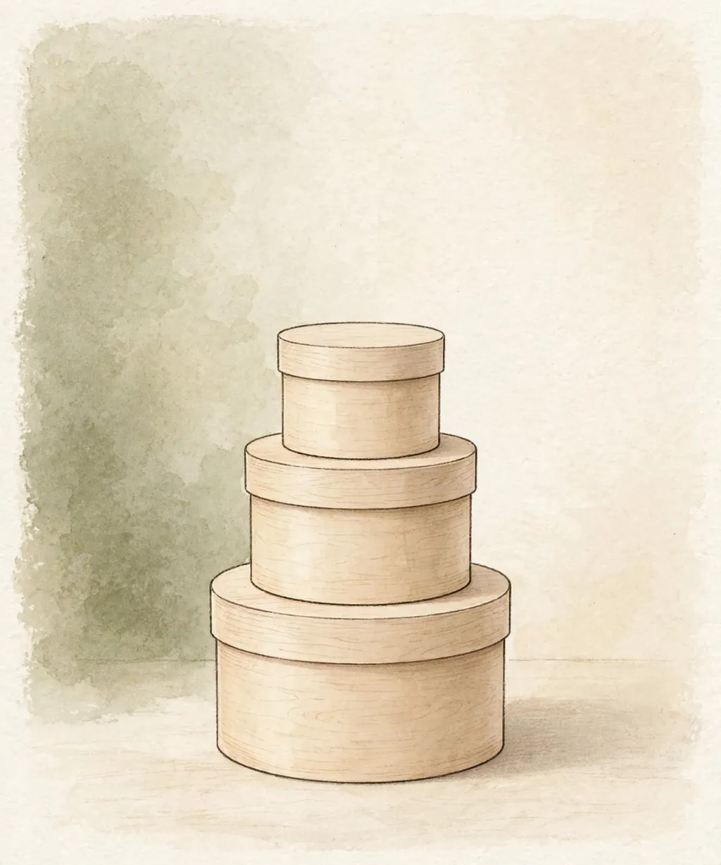Three wooden tube boxes stacked like a tiny tower