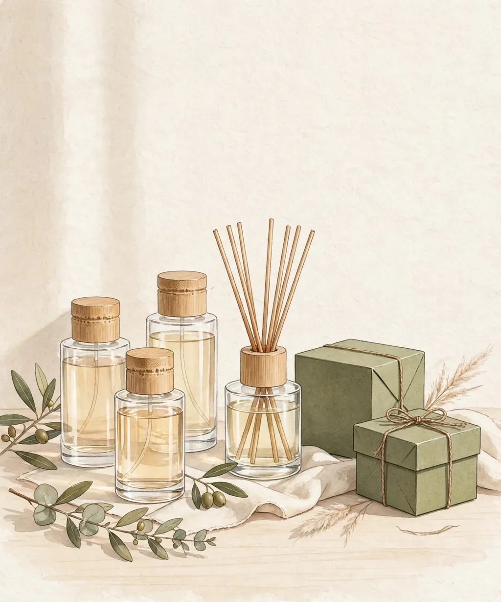 Bamboo-capped fragrance bottles and a reed diffuser beside green kraft gift boxes