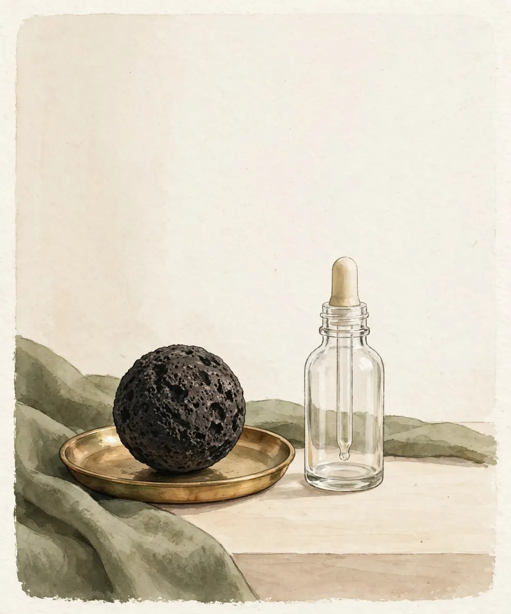 A lava rock ball on a brass dish with a dropper bottle