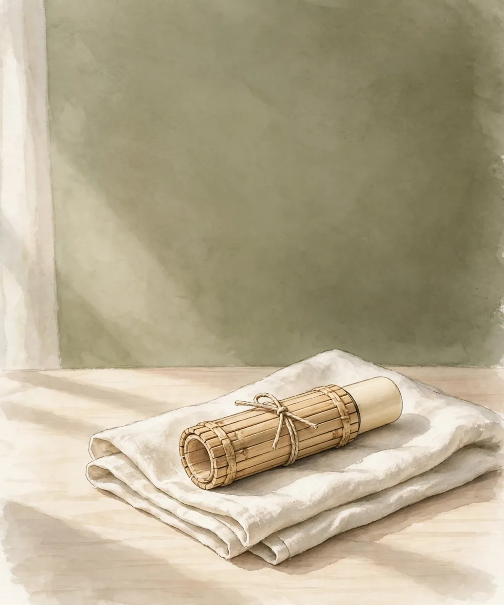 A slim bamboo-wrapped roll-on bottle on a folded linen cloth