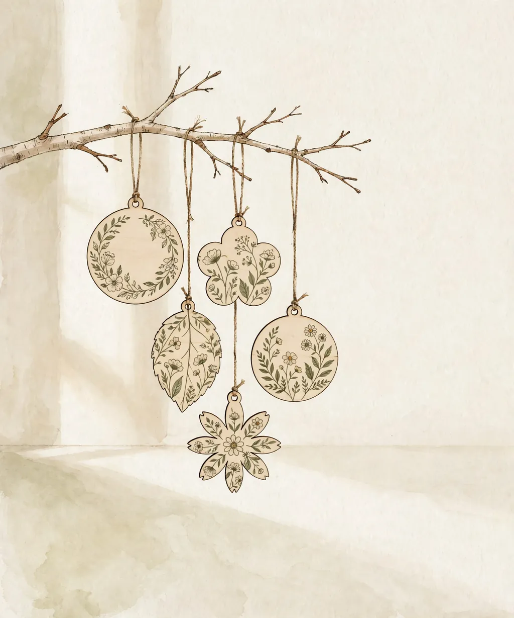 Laser-cut birch ornaments with floral prints hanging from a branch