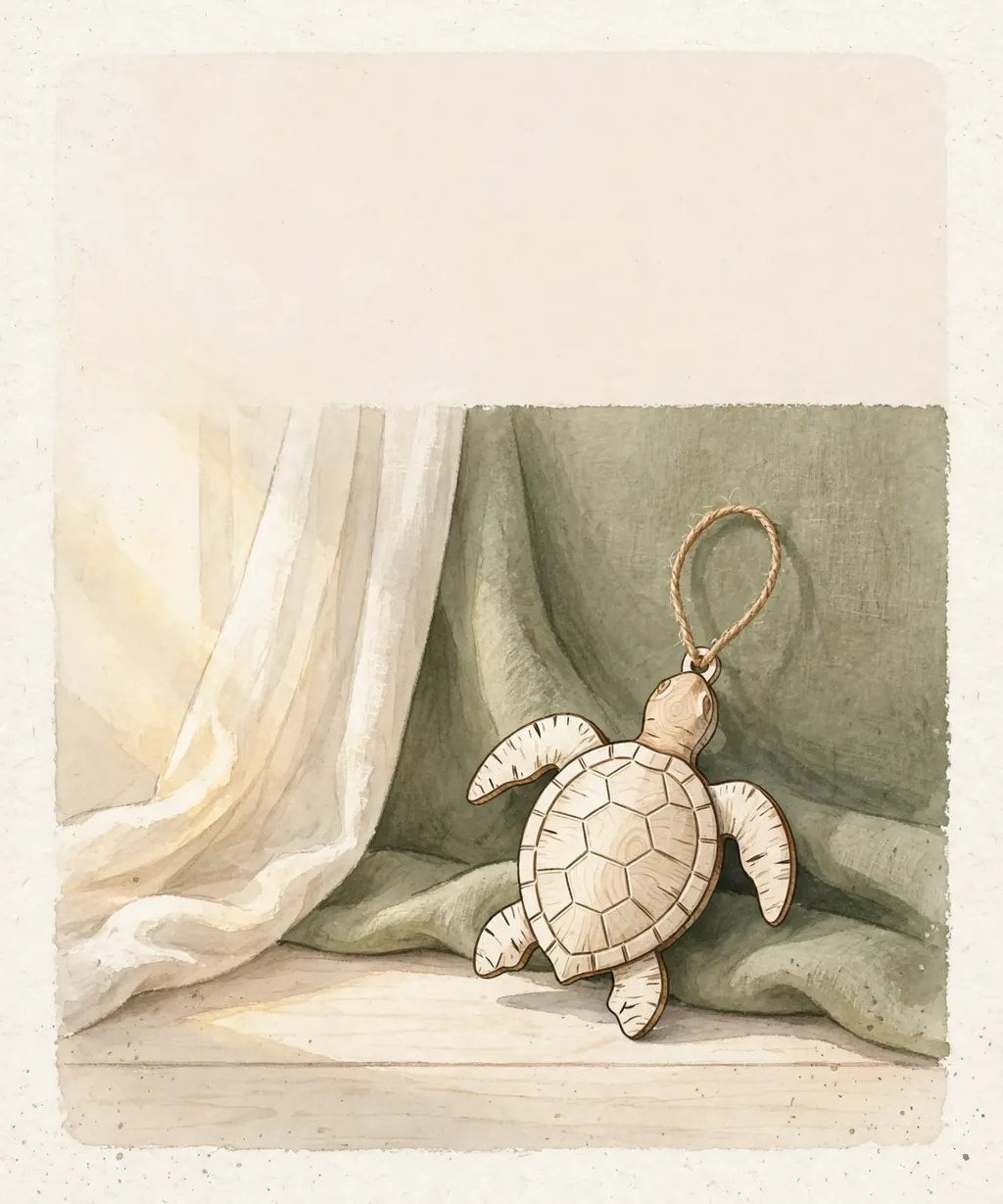 A birch sea turtle ornament resting on soft fabric