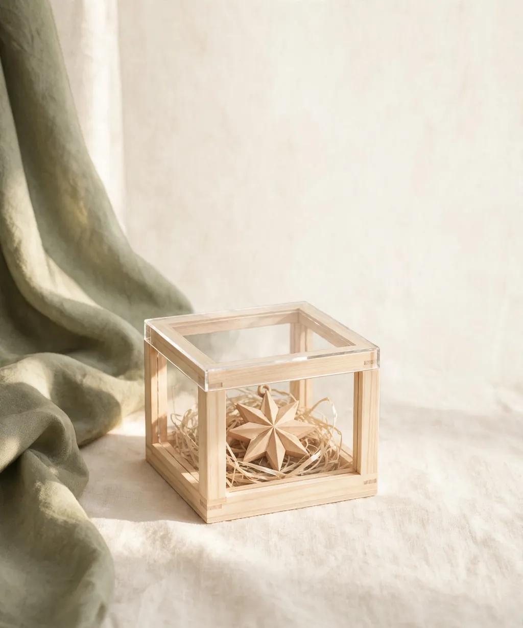A single wooden ornament in a small clear-lidded box