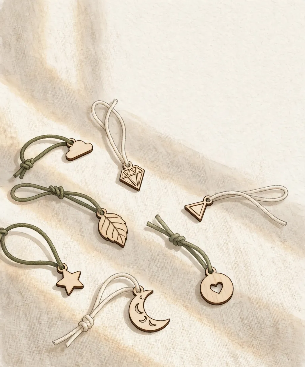 Tiny laser-cut wood charms on short colored cord straps, scattered on linen