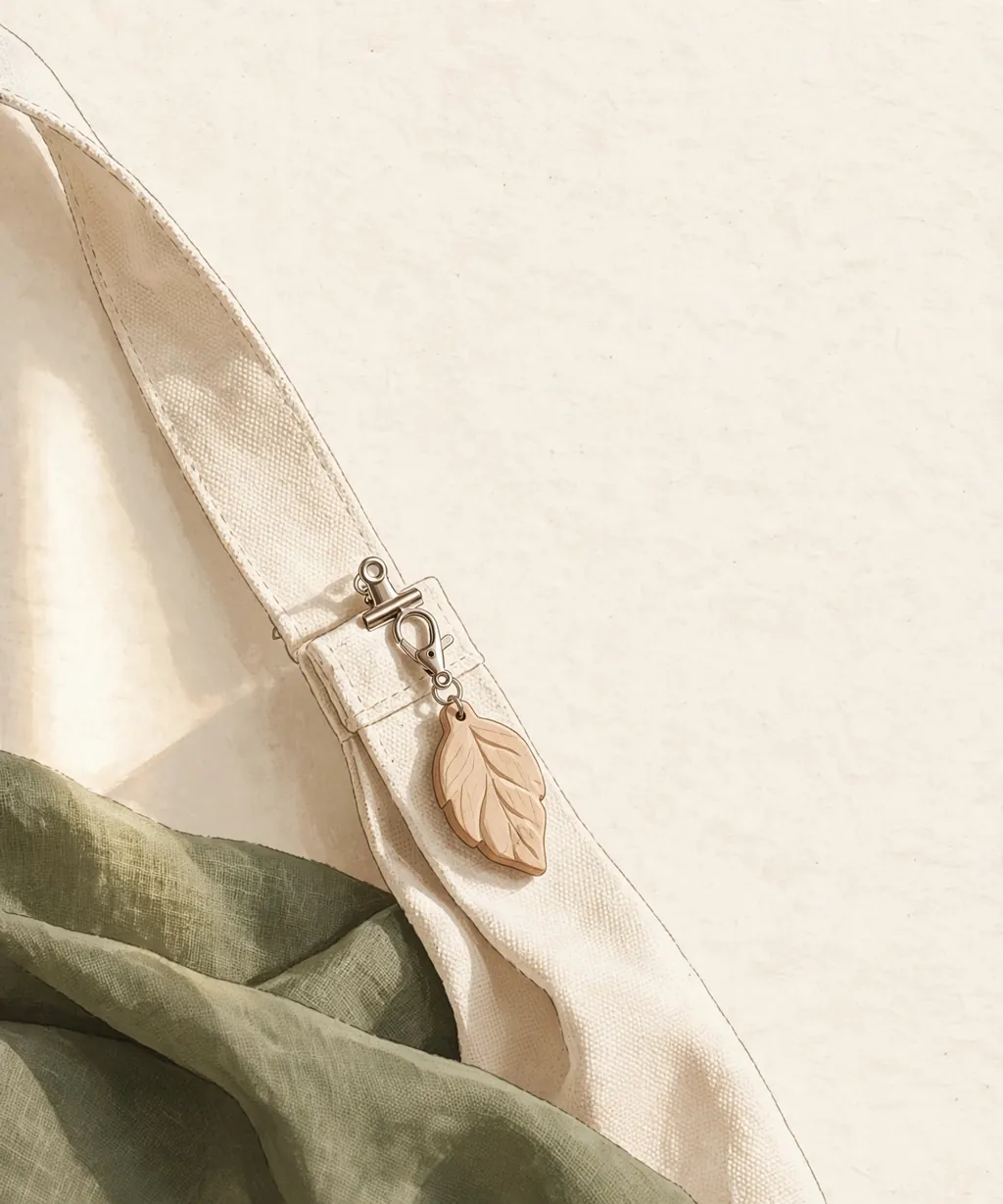 A wood charm clipped to a canvas bag strap