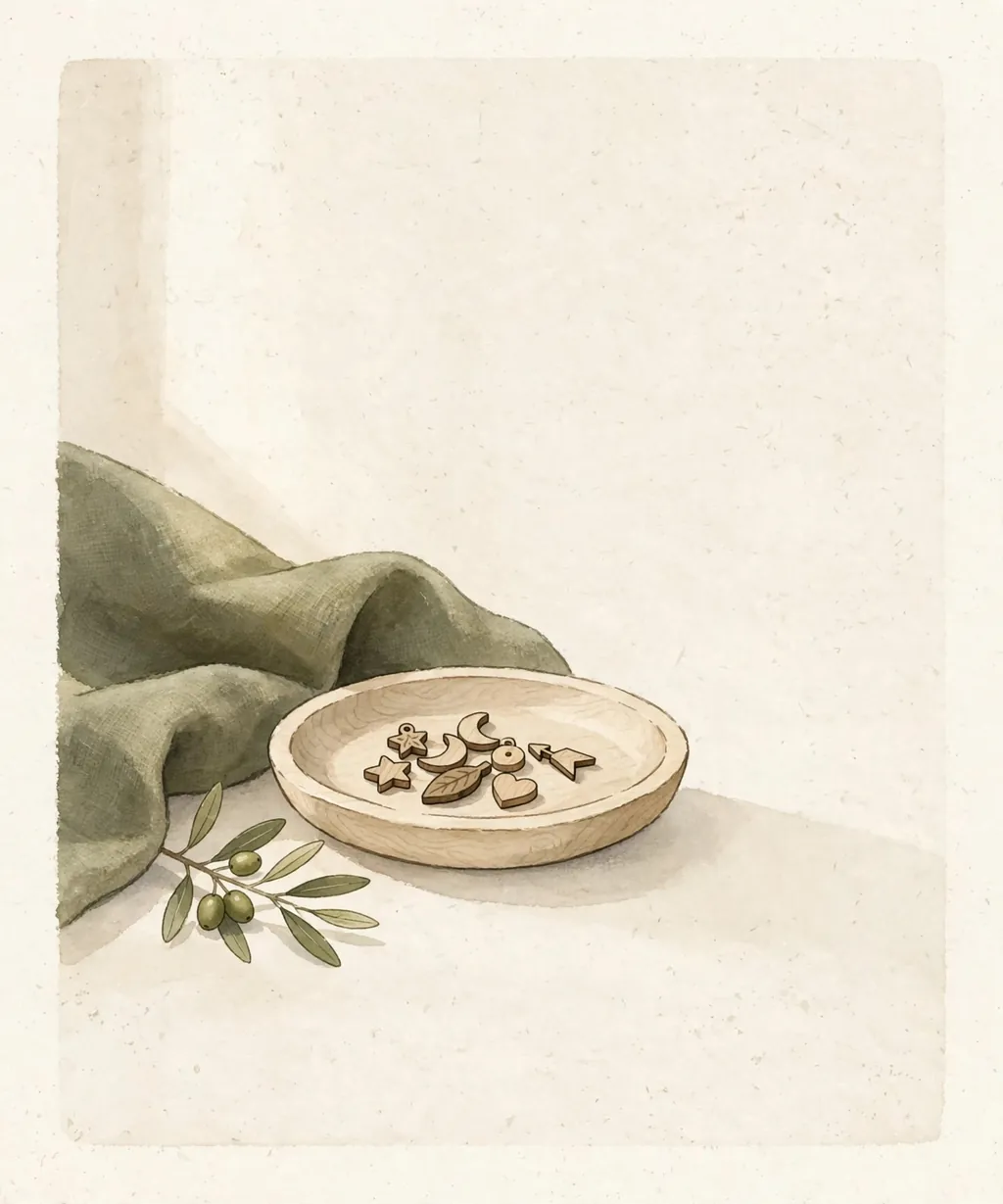 A small dish holding several tiny wood charms
