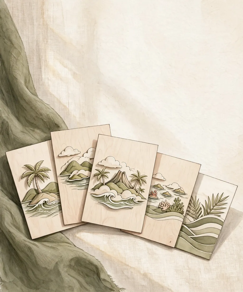 Thin wood postcards with island scenes, fanned out