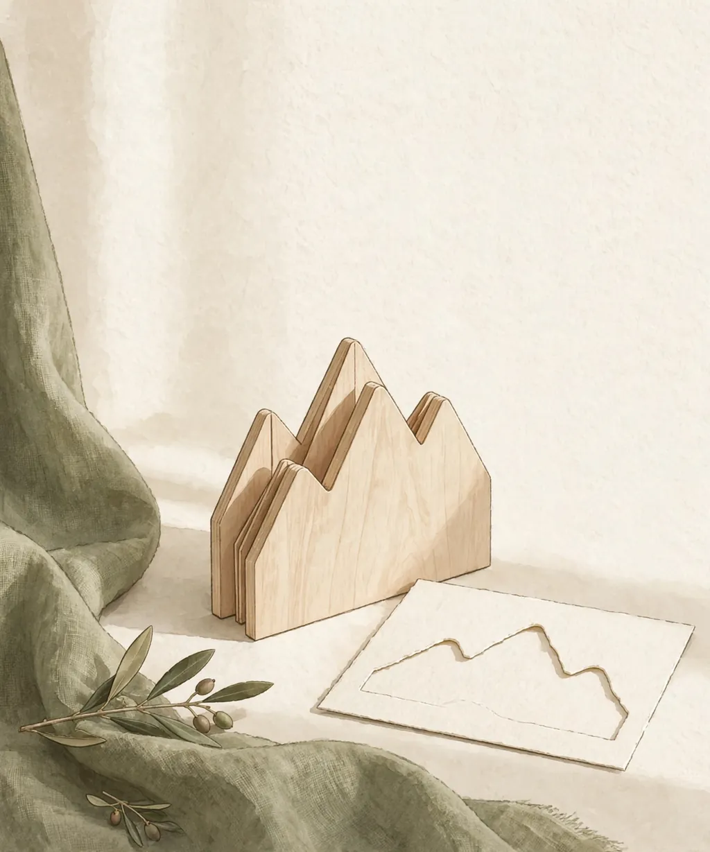 A wooden pop-out shape standing up beside its postcard