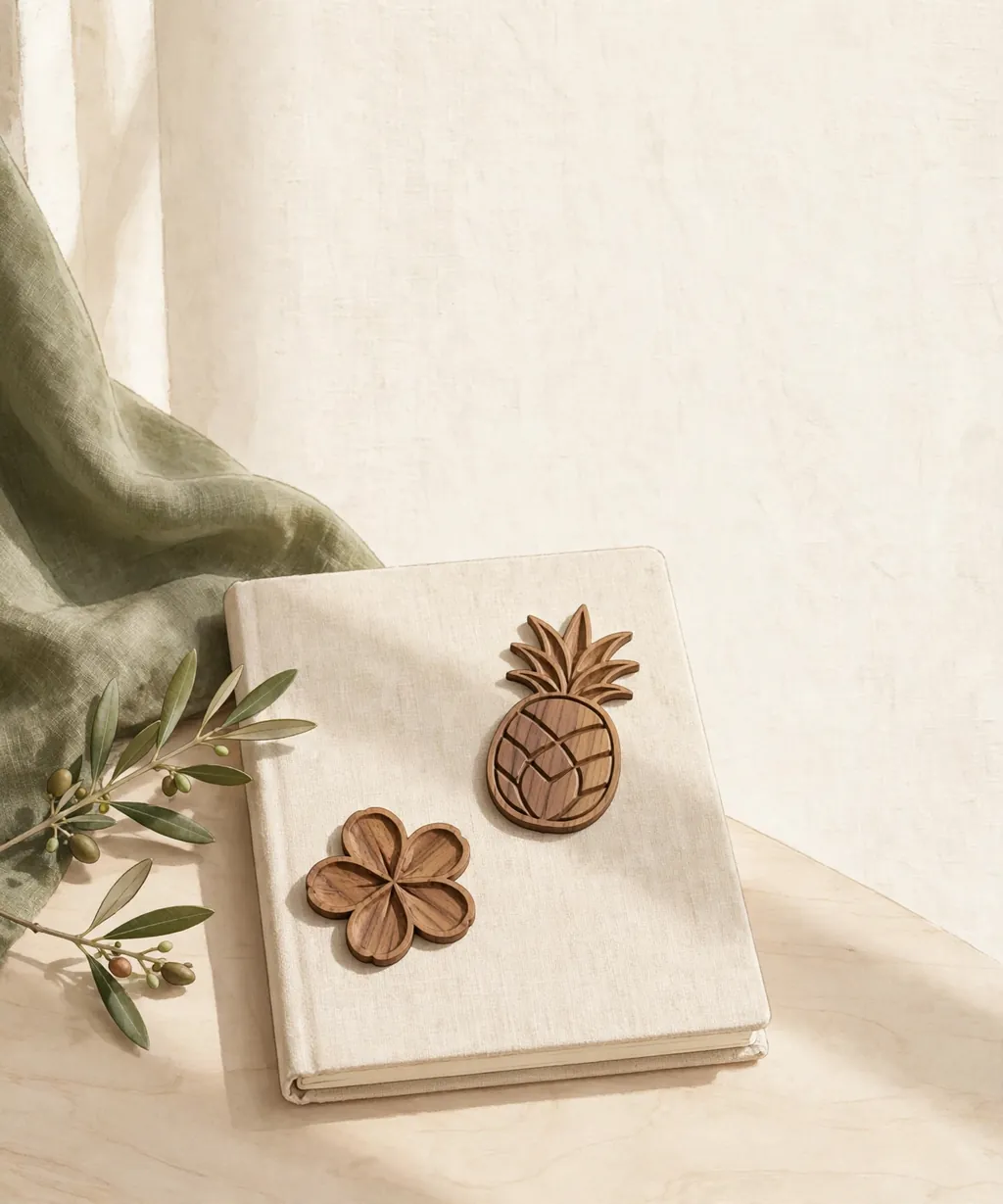 Walnut wood stickers shaped like a pineapple and a flower on a notebook cover