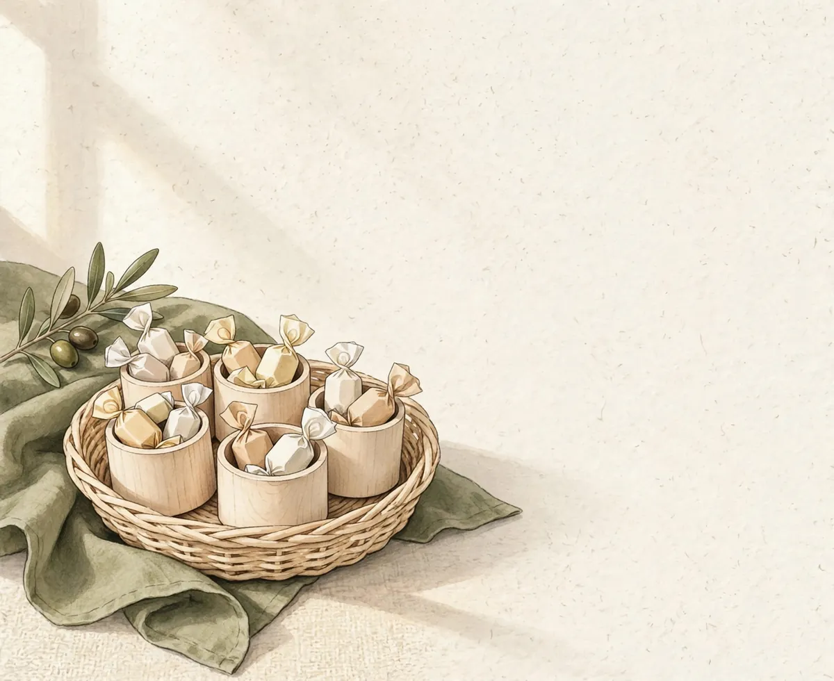 Small wooden tube boxes filled with wrapped candies in a shallow basket