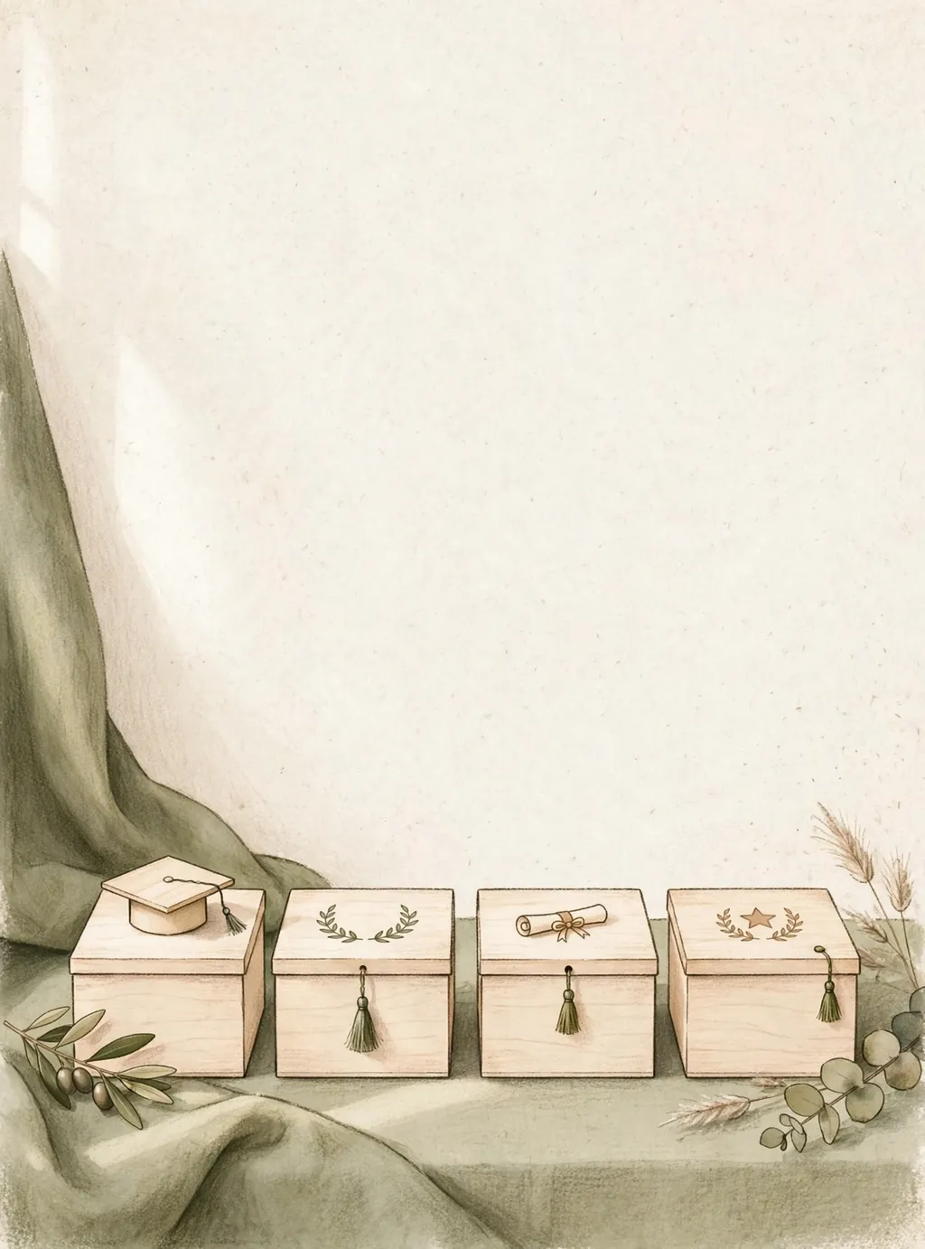 A row of small graduation-themed gift boxes with tiny tassels