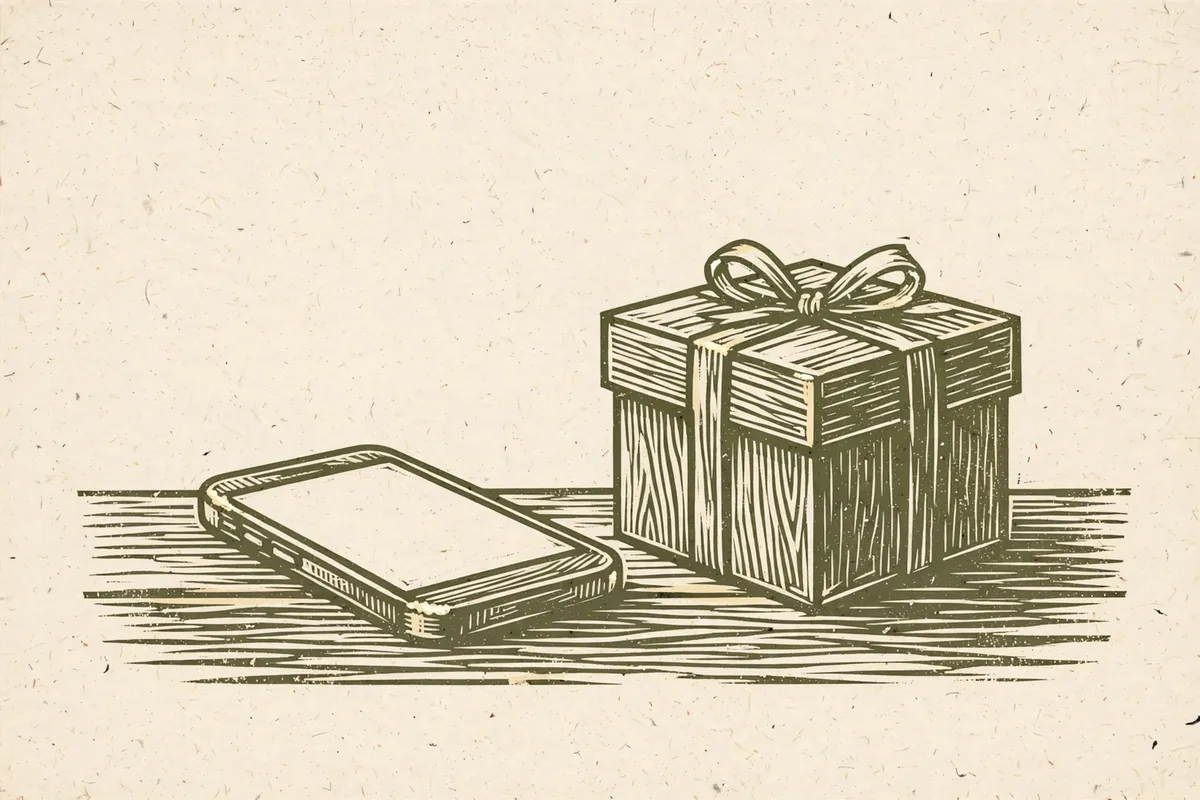 Woodcut-style illustration: a small smartphone lying on a wooden table beside a closed wooden gift box