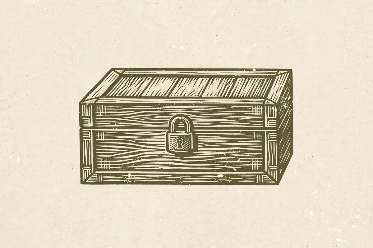 Woodcut-style illustration: a sealed wooden keepsake box with a small padlock-shaped latch