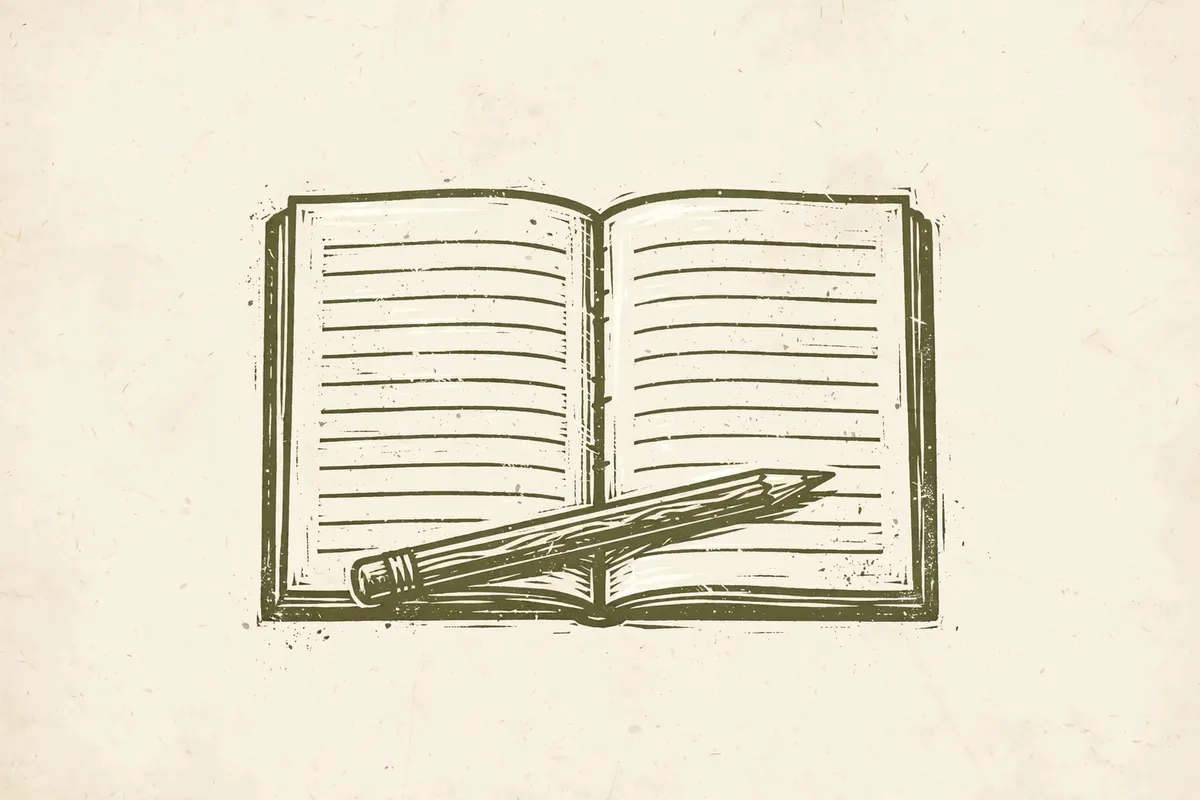 Woodcut-style illustration: an open paper notebook with blank lines and a pencil resting on it