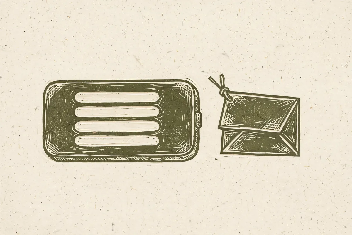 Woodcut-style illustration: a phone showing only a plain list shape of blank rounded bars, next to a folded paper tag