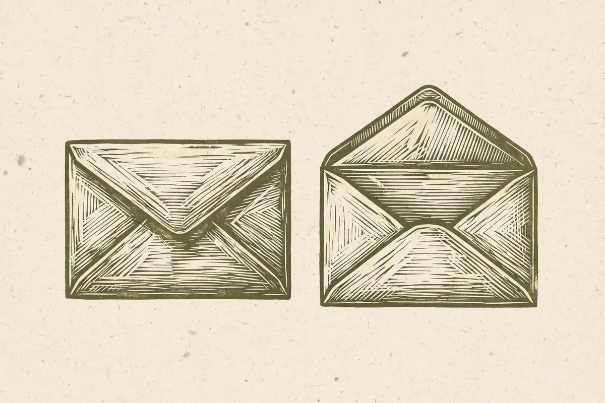 Woodcut-style illustration: two paper envelopes, one sealed and one open and empty