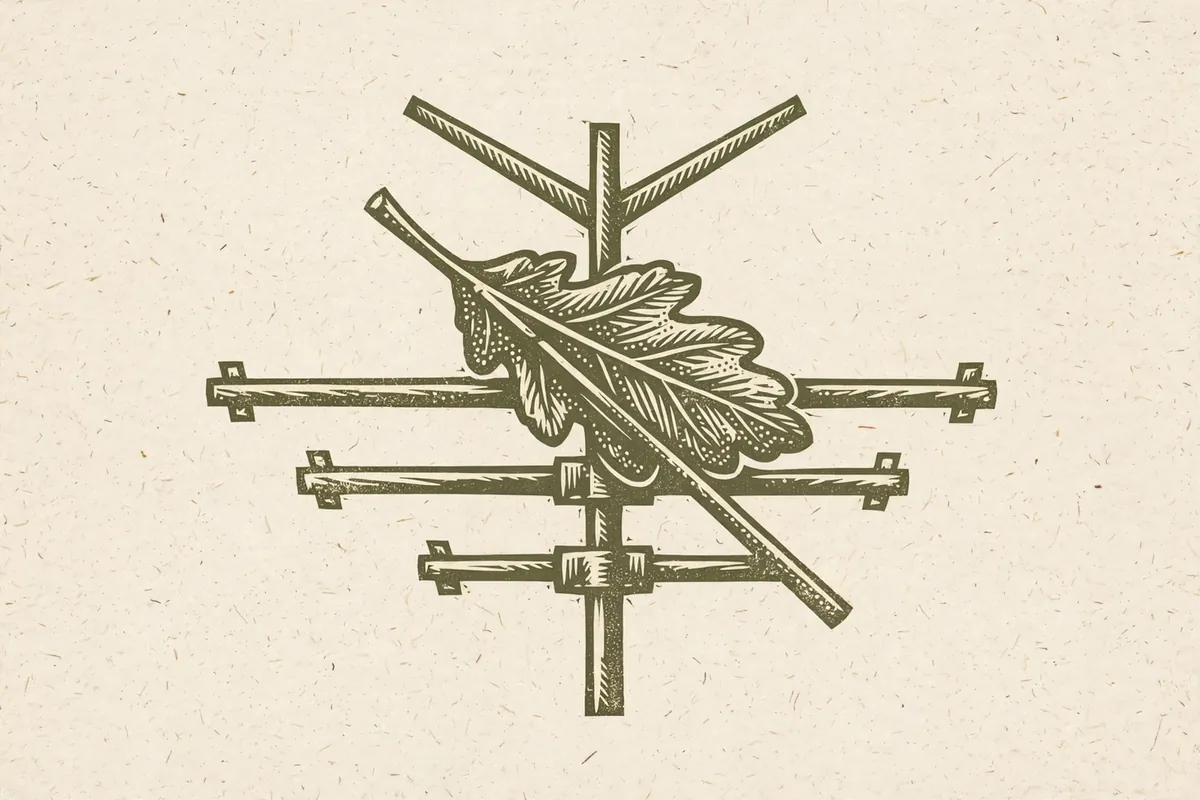 Woodcut-style illustration: a hand-drawn radio antenna crossed by a single leaf, suggesting no signal