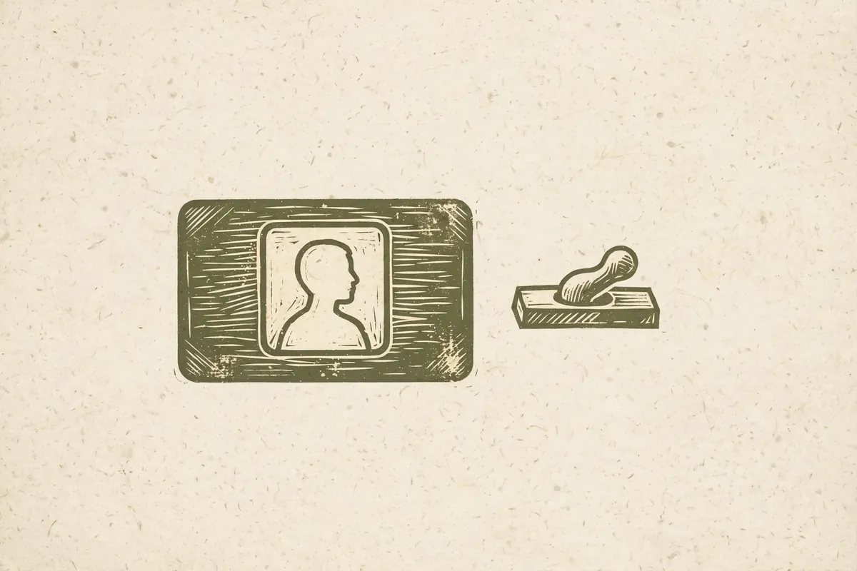 Woodcut-style illustration: a simple outline of a person's silhouette card beside a small toggle switch