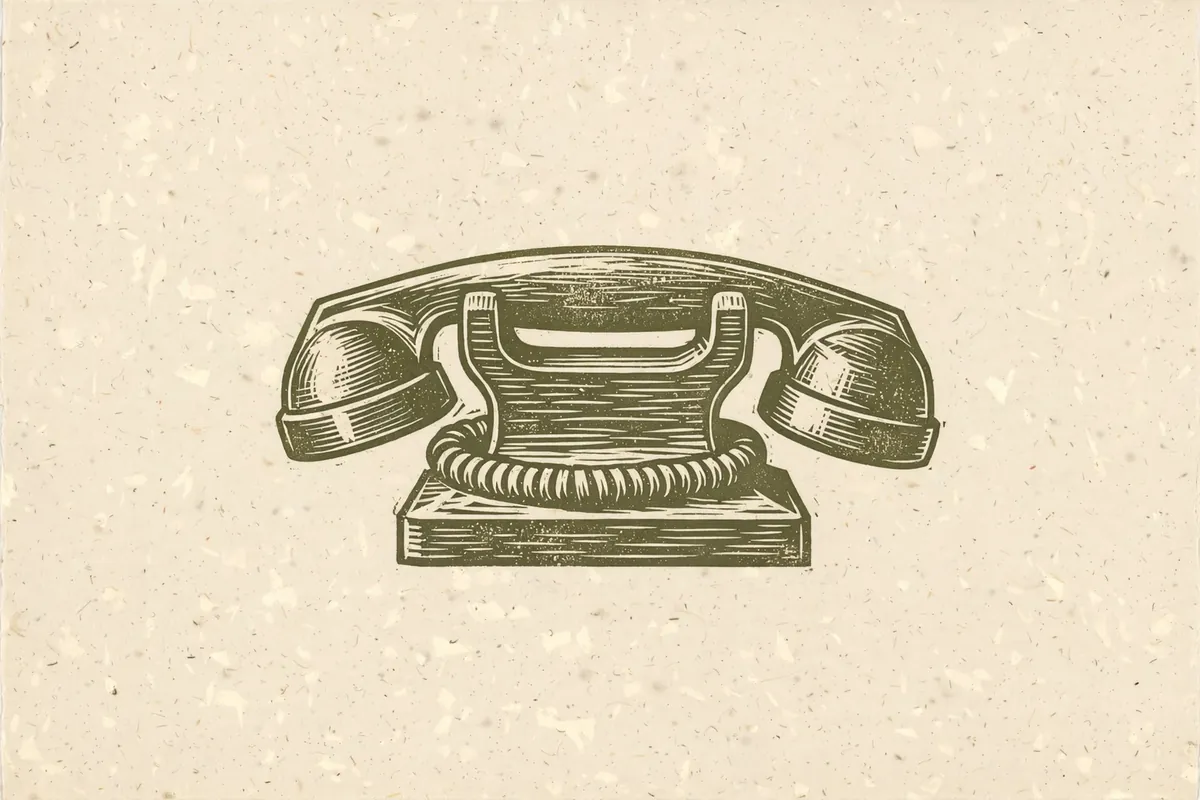 Woodcut-style illustration: an old-fashioned telephone handset resting on a cradle
