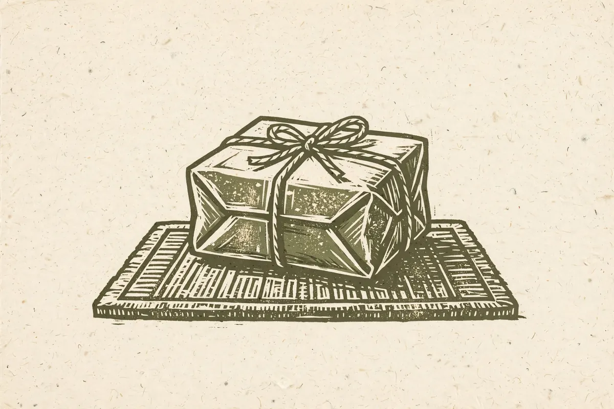 Woodcut-style illustration: a paper parcel tied with string sitting on a doormat