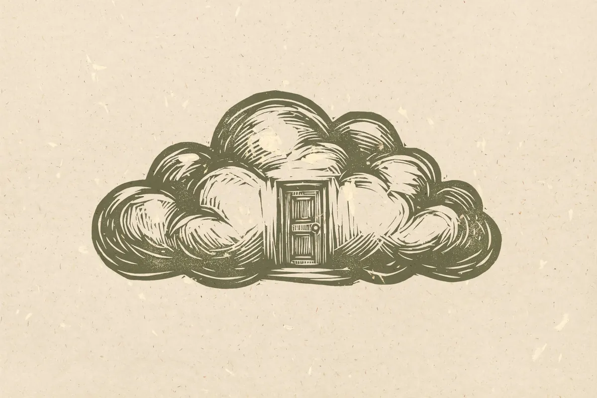 Woodcut-style illustration: a cloud shape with a small closed door drawn inside it