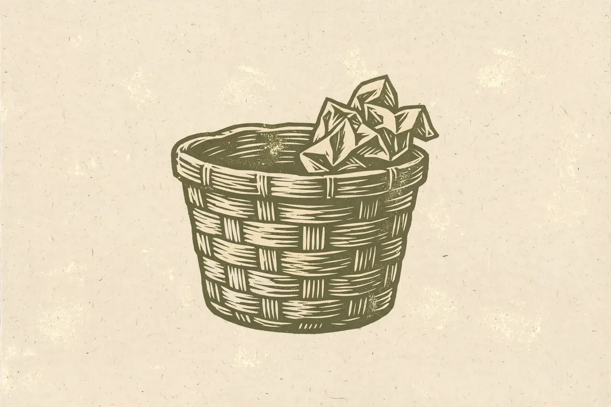 Woodcut-style illustration: a waste-paper basket with one crumpled blank paper