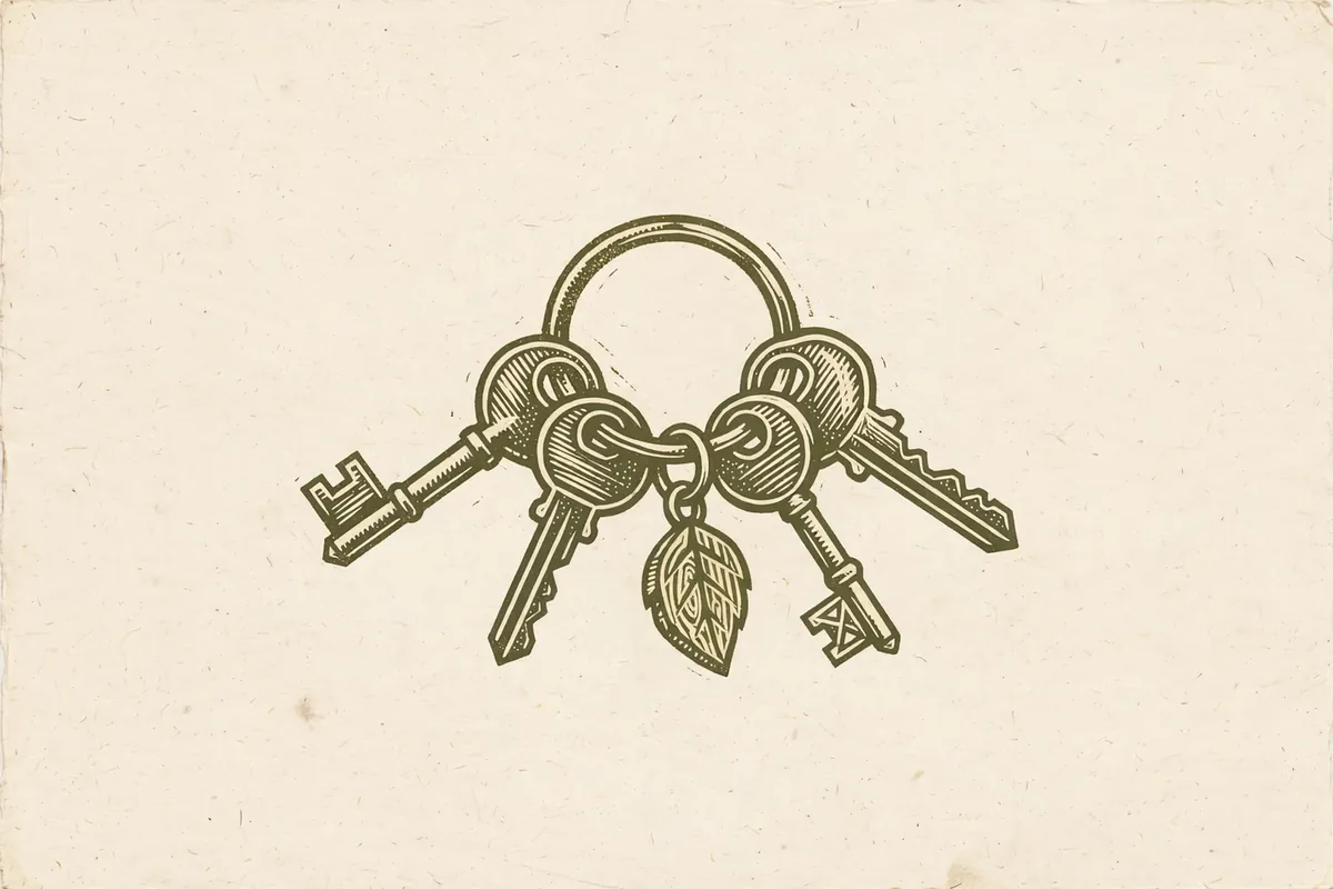 Woodcut-style illustration: a ring of keys with one small wooden charm