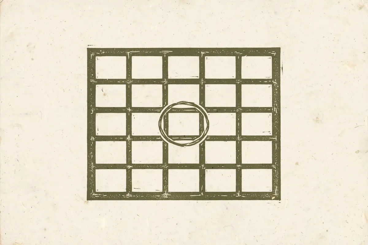 Woodcut-style illustration: a calendar page with one blank square circled