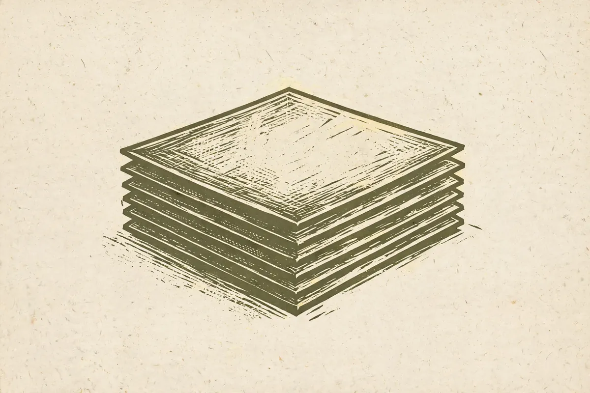 Woodcut-style illustration: a set of neatly stacked blank index cards