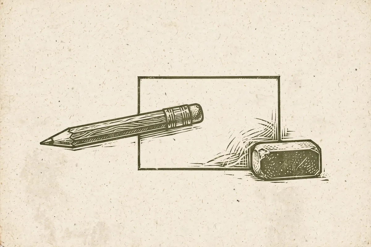 Woodcut-style illustration: a pencil and an eraser beside a blank card being revised