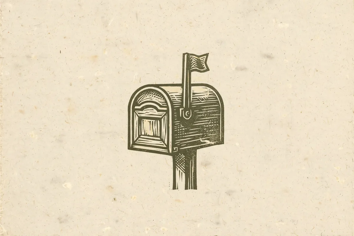 Woodcut-style illustration: a small mailbox with its flag raised, standing alone